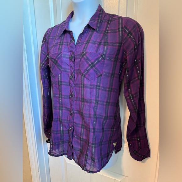 Guess Cowgirl Snap Front Purple/Black Metallic Thread Plaid Long Sleeve Shirt XL - Picture 4 of 7